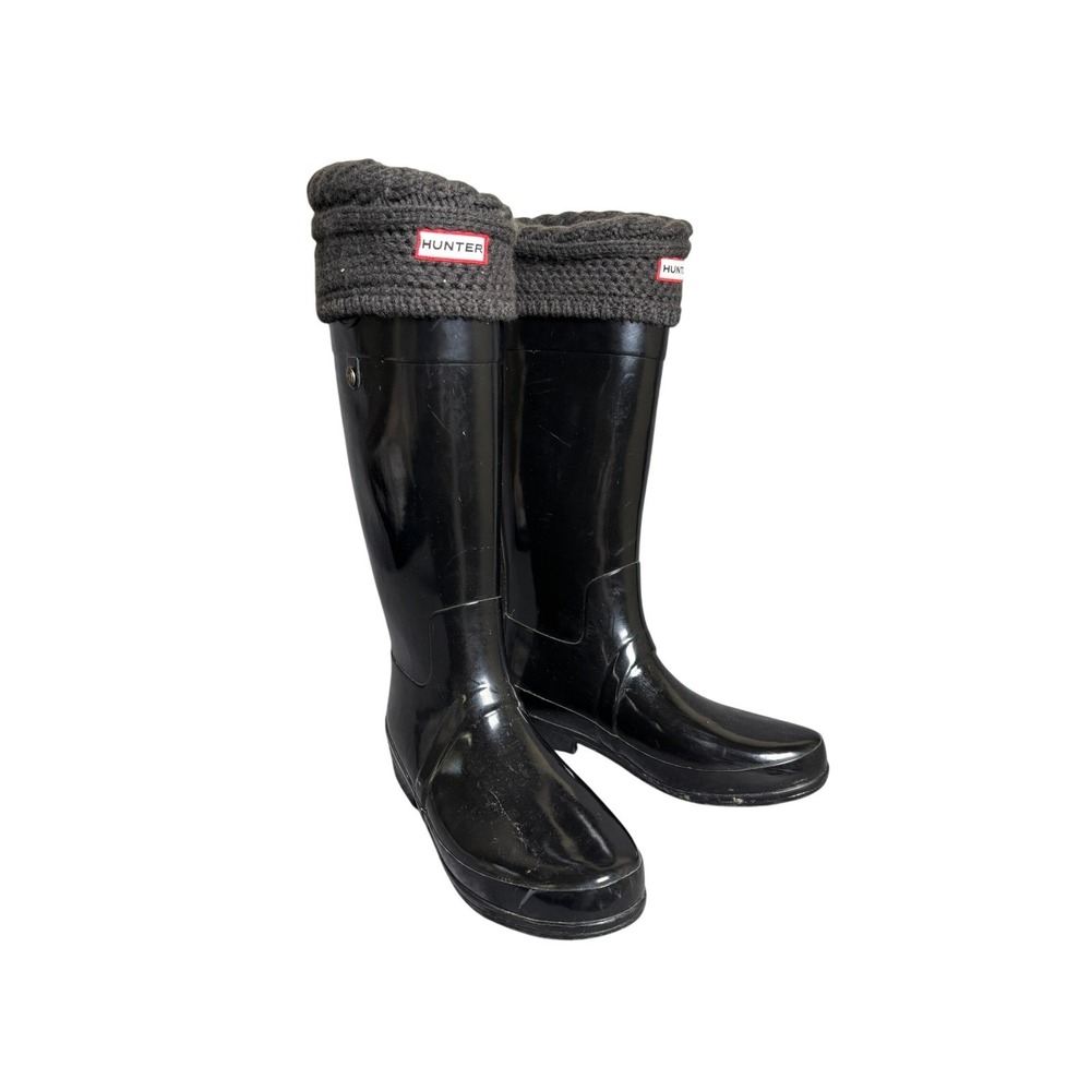 Hunter Women's Black Rain Boots with Charcoal Knit Cuffs